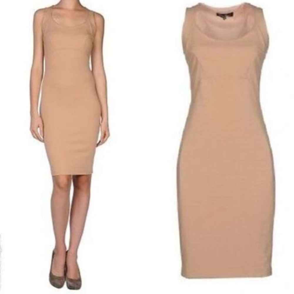 ADELE FADO Beige Tan Stretch Bodycon Sheath Dress Cap Sleeves Italy XS 0 38